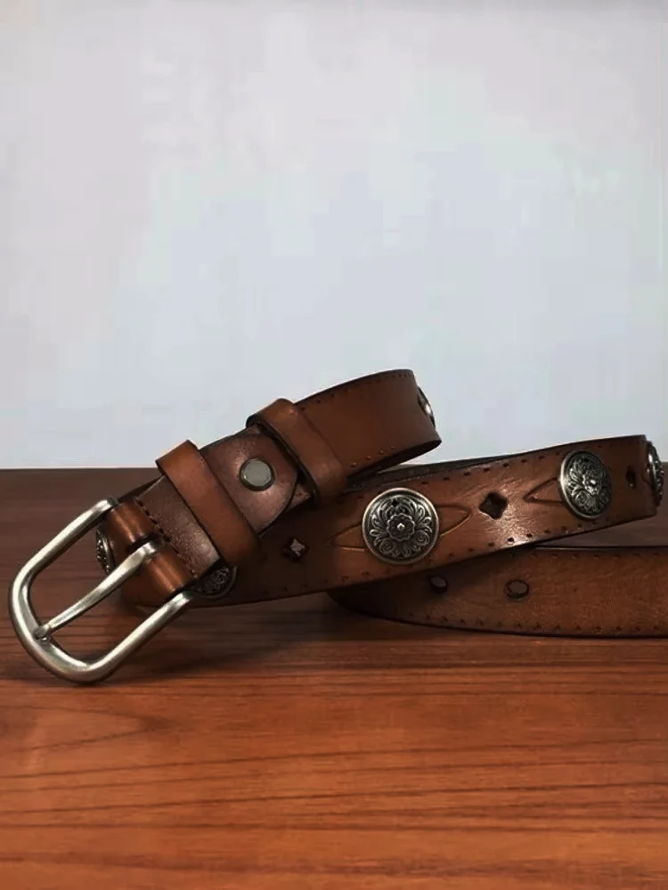 Women Vintage Rivets Cowhide Genuine Leather Belt Ladies Width 2.8cm Casual Strap For Pants Pin Buckle Soft Leather Belt