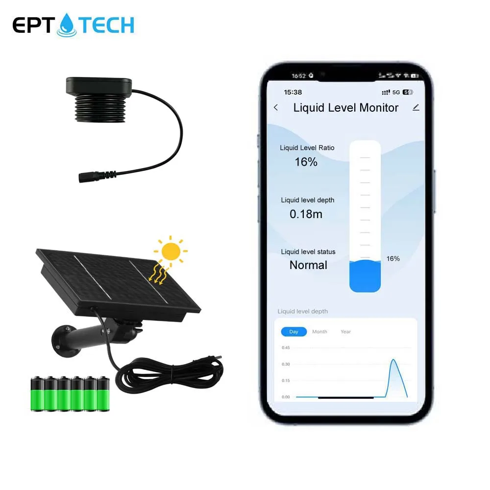 EPTTECH Tuya Smart Home System Solar Panel WIFI Remote IP67 Liquid Level Monitor Real-Time Alarm for Tank