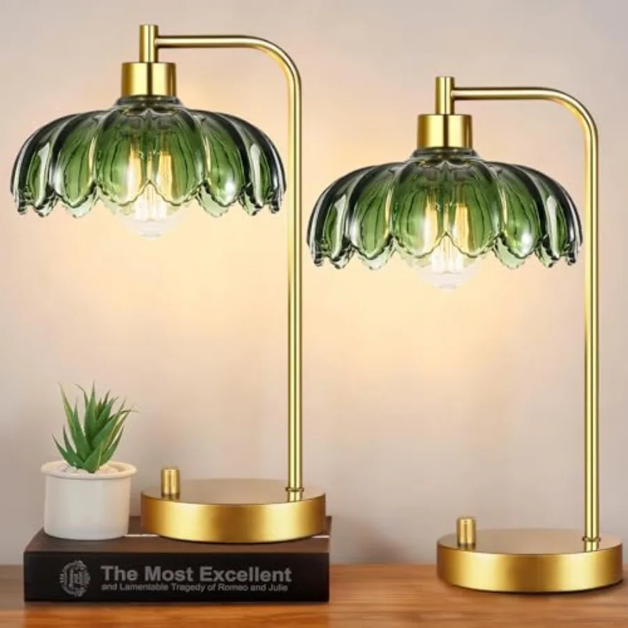 

Набор из 2-х стеклянных настольных ламп: маленькие золотые прикроватные светильники с регулировкой яркости, в стиле бохо, для спальни, с зеленым абажуром в виде тюльпана, винтажный дизайн середины века.