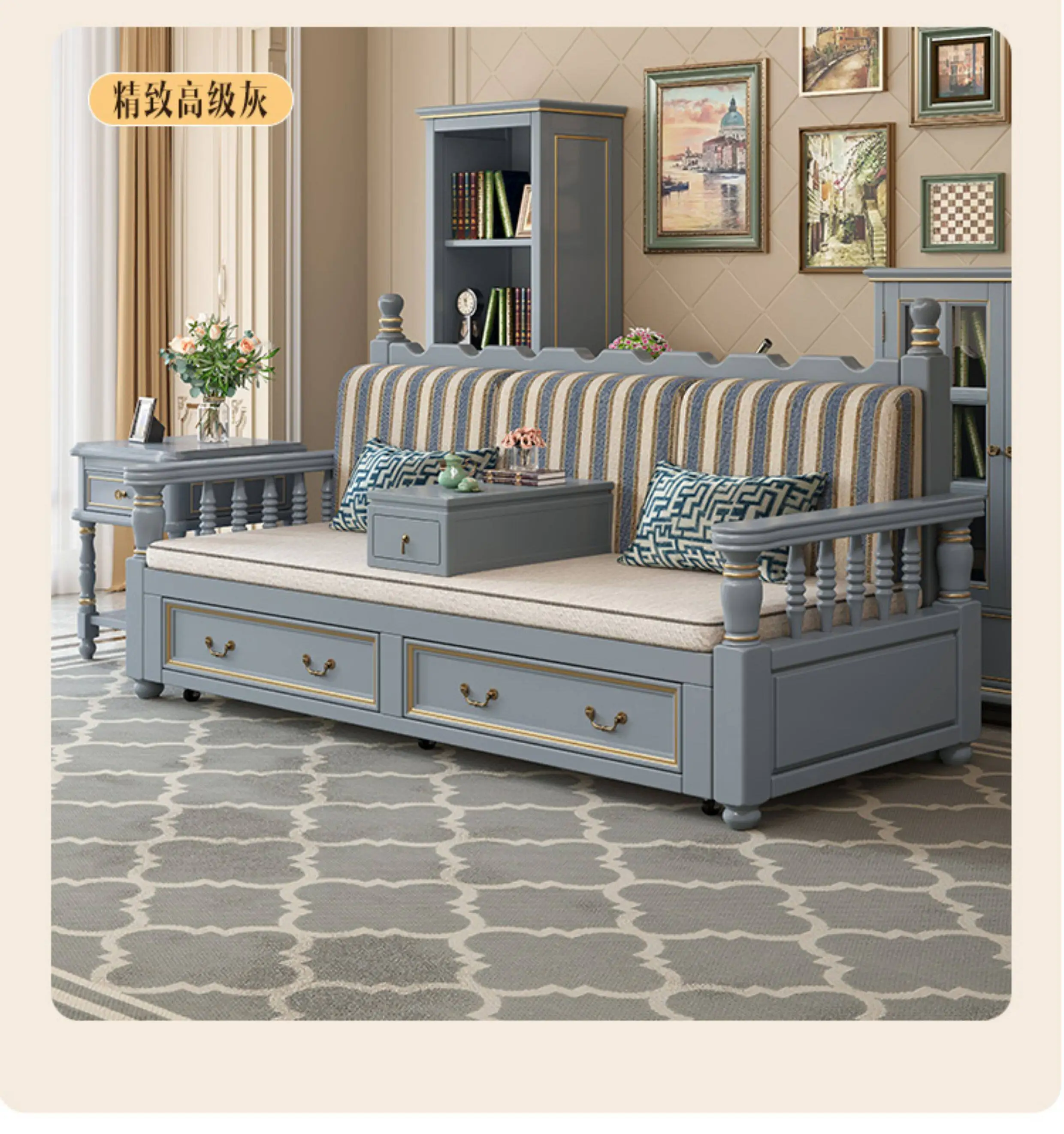 CX retro rural solid wood sofa bed Arhat bed push-pull folding retractable small apartment sitting and sleeping sofa