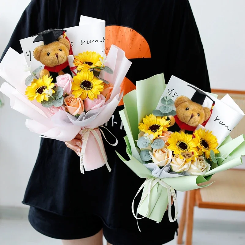 Graduation Sunflower Flowers Dr. Bear Flower Bouquet Photography Props Graduation Ceremony Props Graduation Gift Chainsaw man