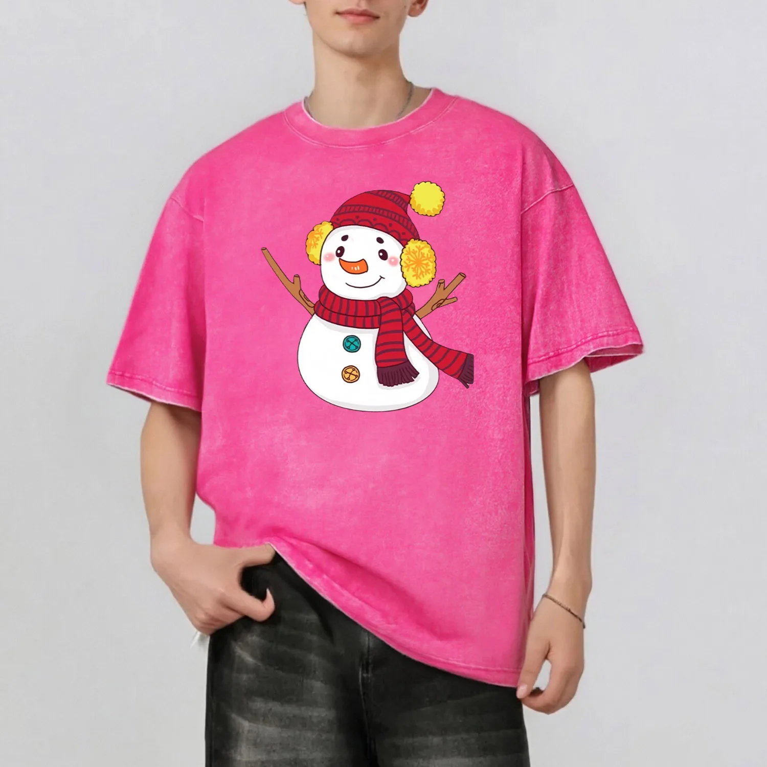 

Snowman Graphic Print Fashion Retro Style Washed T-Shirt Casual Short Sleeve 100% Cotton Unisex Top 230G