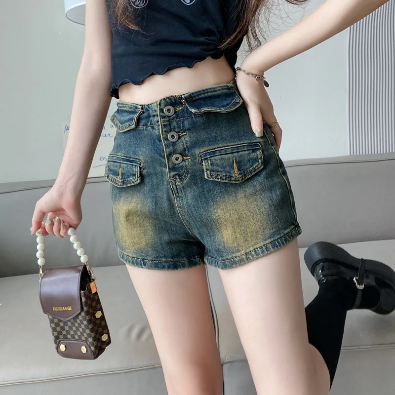 summer new street double pockets design water wash old denim shorts