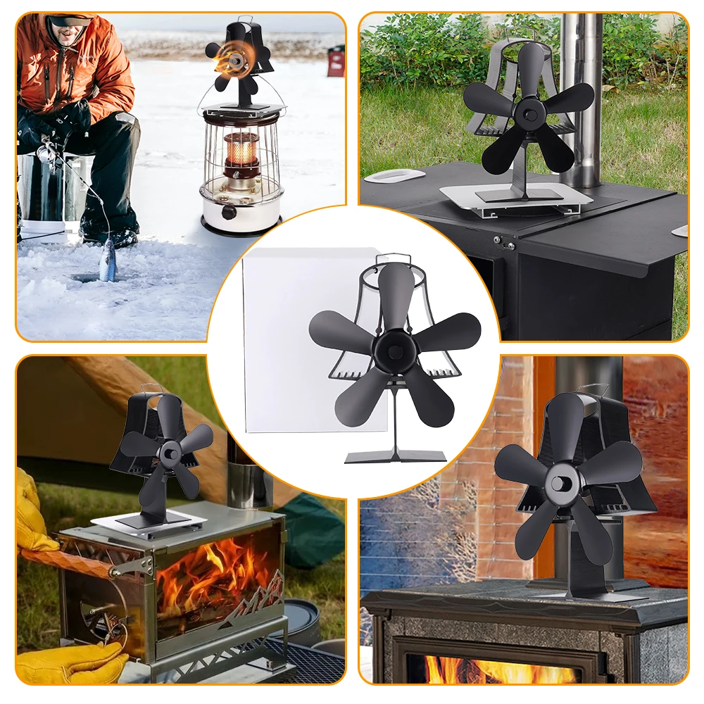 Ventilador negro de 5 aspas para estufa, sistema de ventilado para quemador de leña, Eco, distribución eficiente del calor, silencioso, para el hogar y el invierno