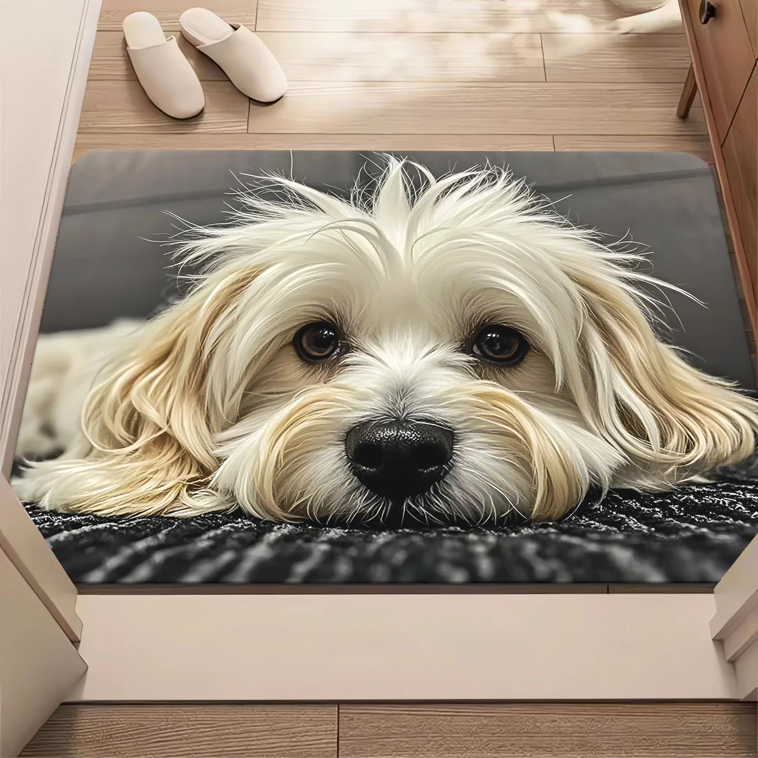 1pc Cute Fluffy White Puppy Lying Down Printed Floor Mat, Decorative Area Rug for Entrance, Porch, Home Decor