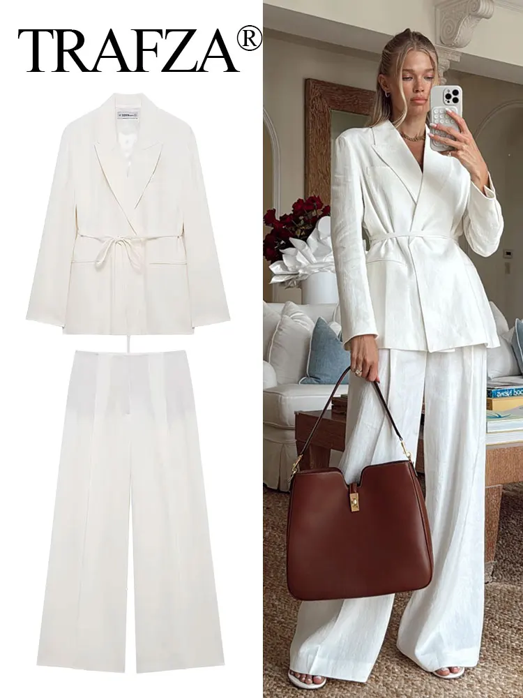 

TRAFZA 2025 Female Fashion Sets White Turn-Down Collar Pockets Lace-Up Blazers+High Waist Zipper Long Pants Women Casual Suits