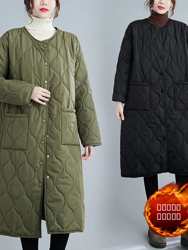 

Loose Fit Knee-Length round Ne Long Sve Cotton Jaet Women's Winter Middle-Length Oversized Coat Retro Sle Commute Wear