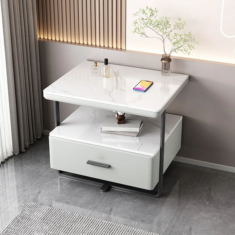 طاولة سرير ذكية صغيرة من الحديد المطاوع وبسيطة للغاية وحديثة وخفيفة وبطاولة صخرية فاخرة من الخشب الصلب وشحن لاسلكي لغرفة النوم #2