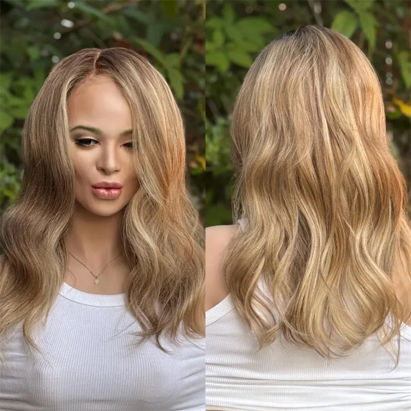 

Эпестий тон Темно-коричневый со средними коричневыми детскими светрами Balayage Бесклеевой HD парик фронта шнурка Предварительно выщипанные волнистые синтетические парики