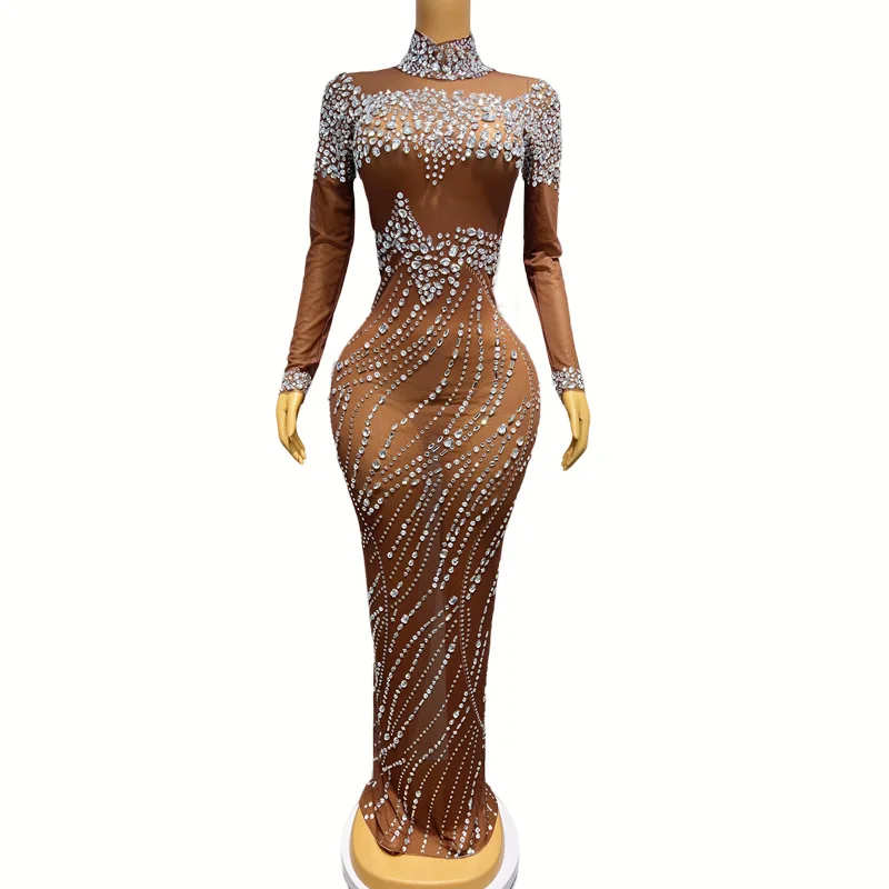 Evening Birthday Celebrate Luxurious Costume Dancer Flashing Dress Sparkly Big Rhinestone Transparent Brown Skin Long Dress