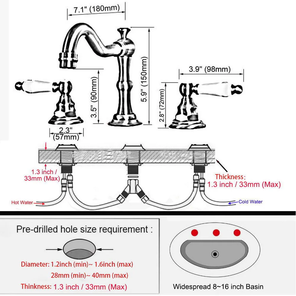 Vintage Retro Antique Brass Deck Mounted Dual Handles Widespread Bathroom 3 Holes Basin Faucet Mixer Water Taps man073