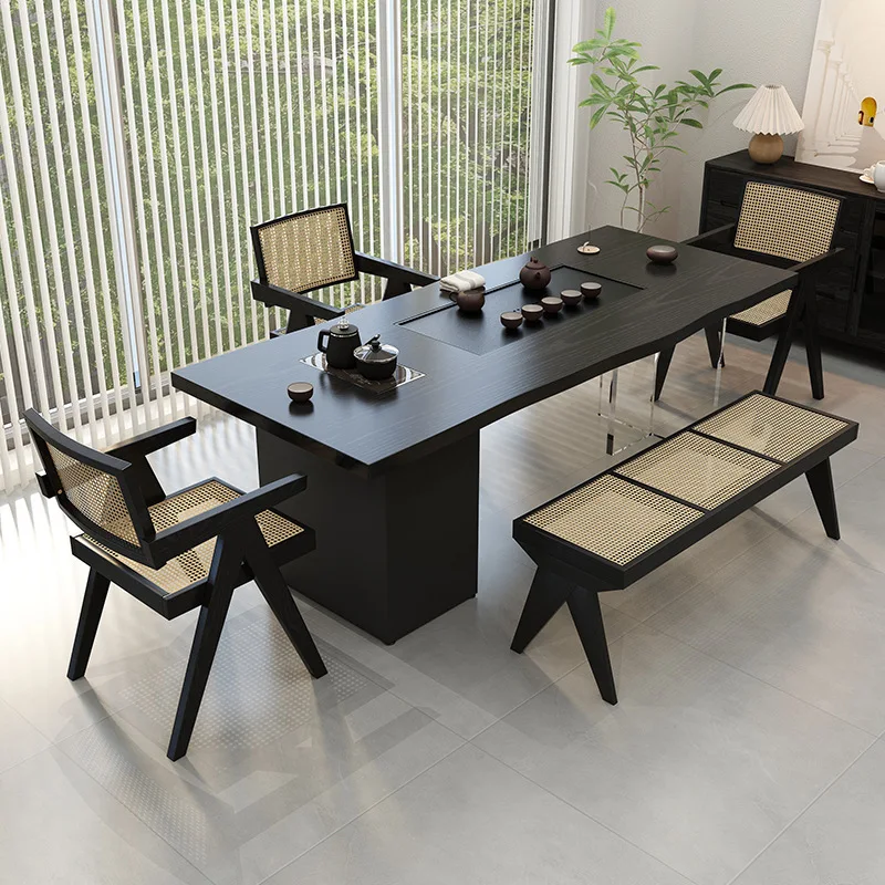 

Solid wood tea table and chair combination integrated tray household living room balcony acrylic rectangular coffee
