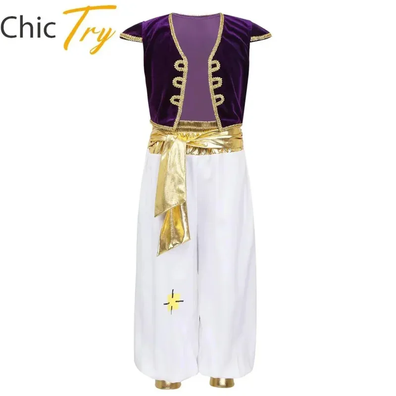 

Kids Boys Arabian Prince Costumes Cap Sleeves Vest Waistcoat with Pants Outfits Halloween Cosplay Fancy Dress Performance Set