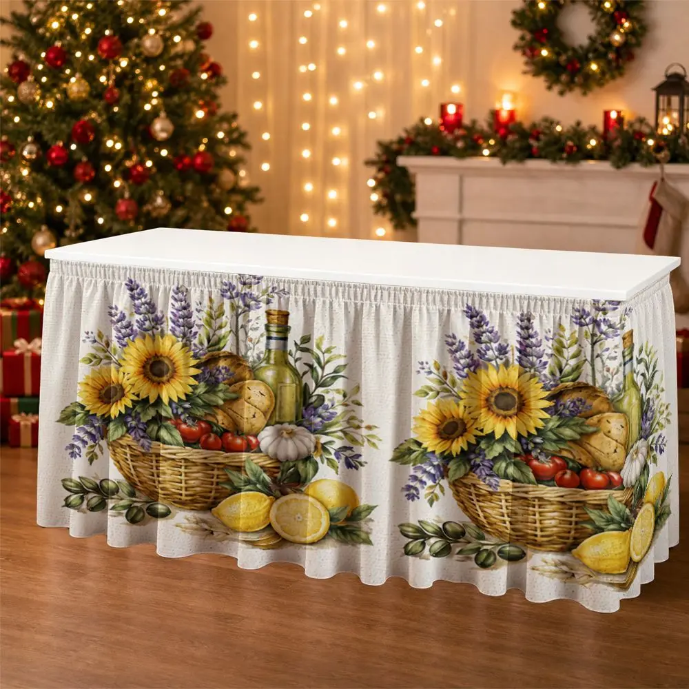 One-piece party table skirt decoration - Sunflower and lavender basket still life print ruffled tablecloth border