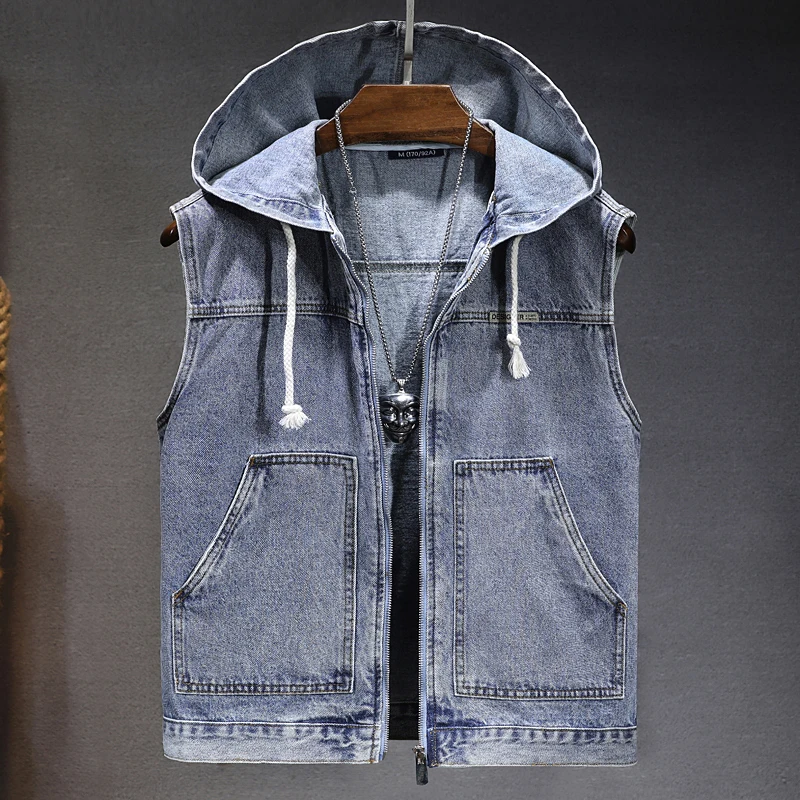Men's denim hooded vest New autumn and winter models Sleeveless Vest Casual Denim Vest for Men Large size 4XL 5XL