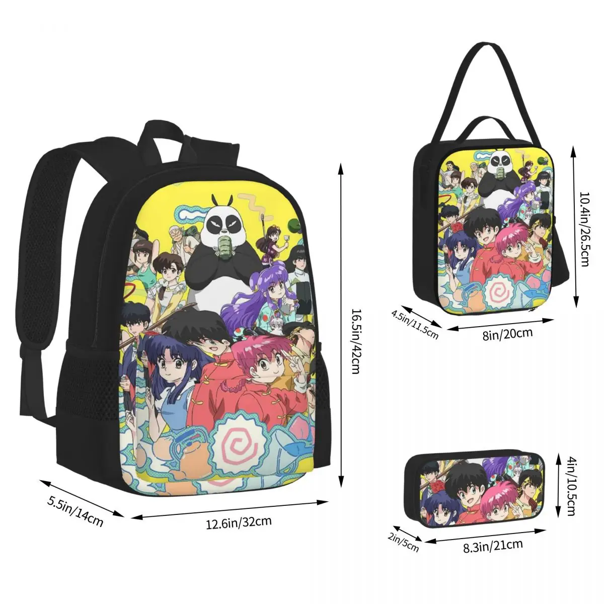 Ranma 1/2 Saotome หมูสาว P Chan กระเป๋าเป้สะพายหลังชายหญิง Bookbag เด็กโรงเรียนกระเป๋า Rucksack ถุงอาหารกลางวันกระเป๋าปากกาชุดสามชิ้น