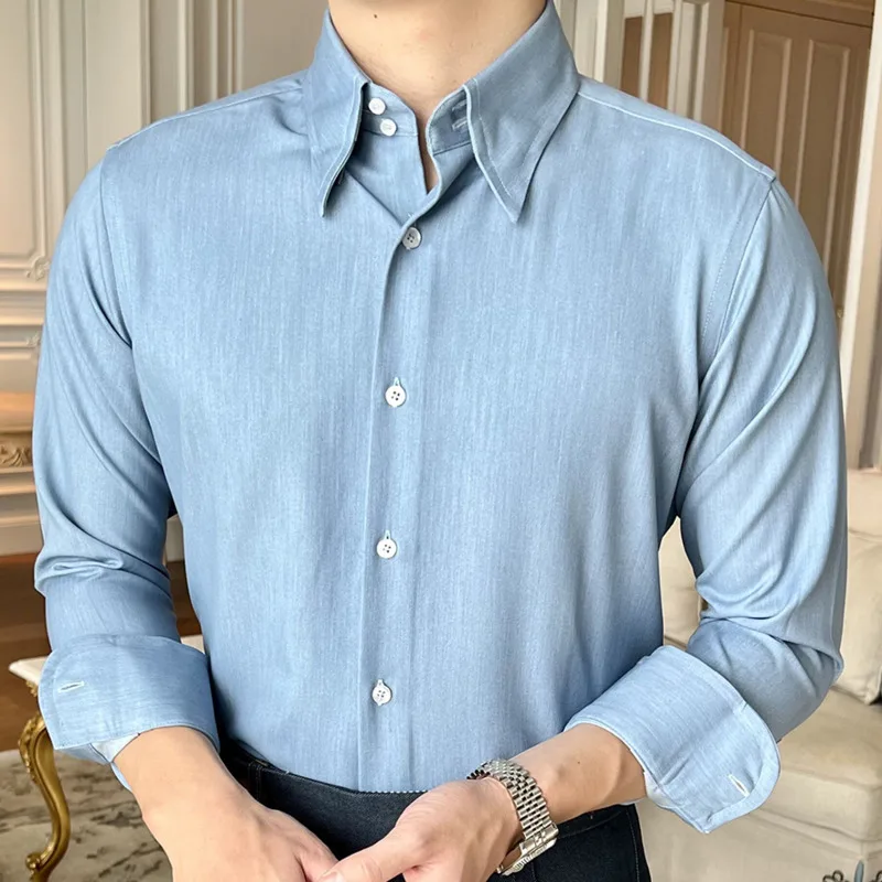 

Summer Retro Pointed Collar Long-sleeved Shirt British Denim Blue Versatile Casual Shirt Fashion Man Camisa Social Masculina