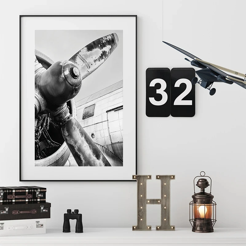 Black White Airplane Propeller Aeroplane Posters and Prints Canvas Printing Vintage Wall Art Picture for Living Room Home Decor