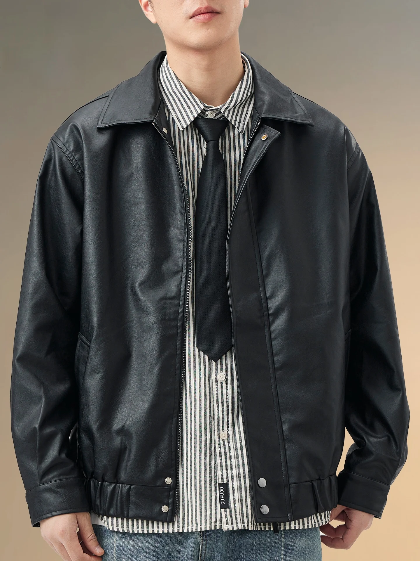 

Pierre Cardin, американская кожаная куртка в стиле ретро, мужская свободная куртка, модный весенне-осенний топ из искусственной кожи, длинная молния Clo...