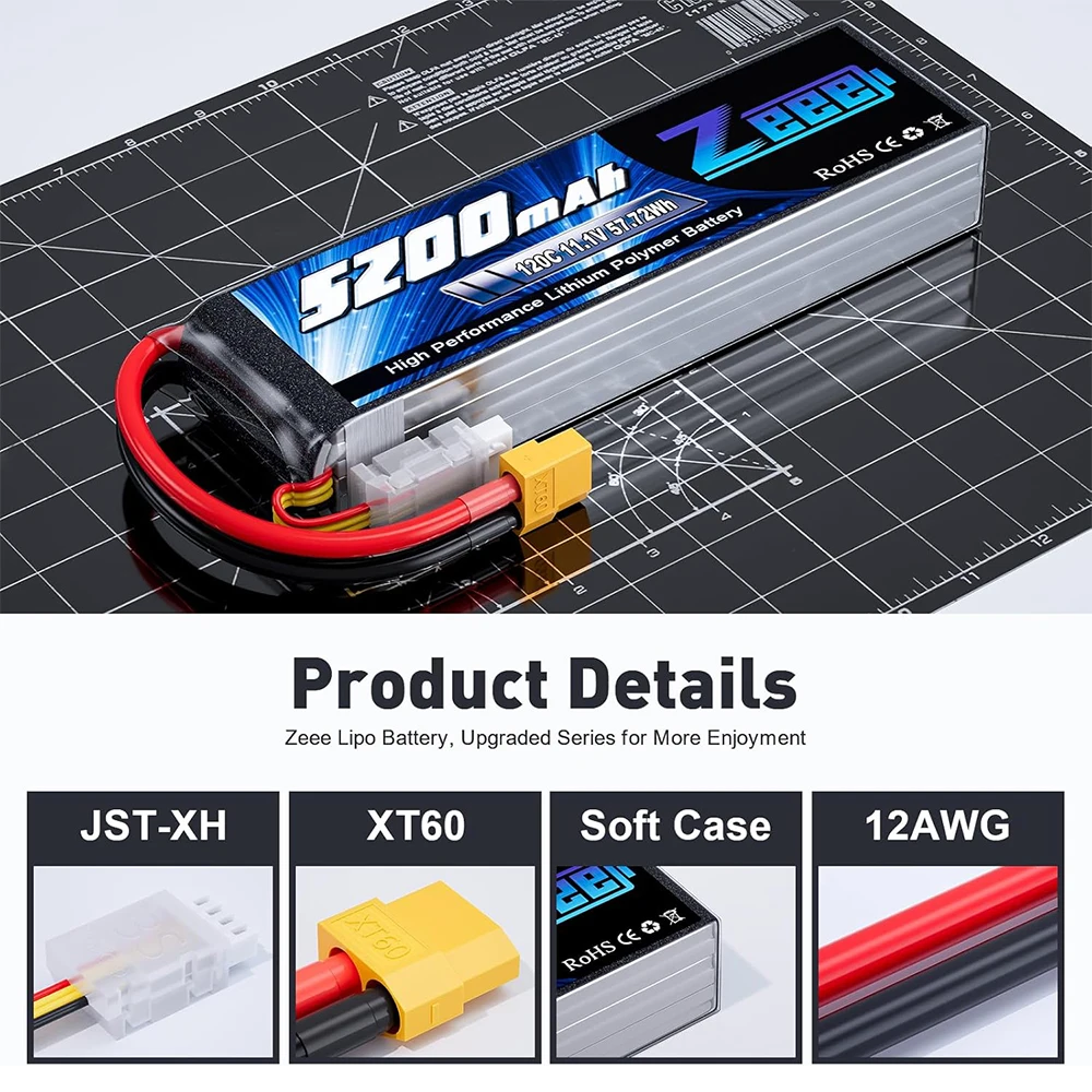 Zeee-batería Lipo 3S para Dron teledirigido, Pila de 11,1 V, 120C, 5200mAh, con conector XT60, para coches, barcos, FPV