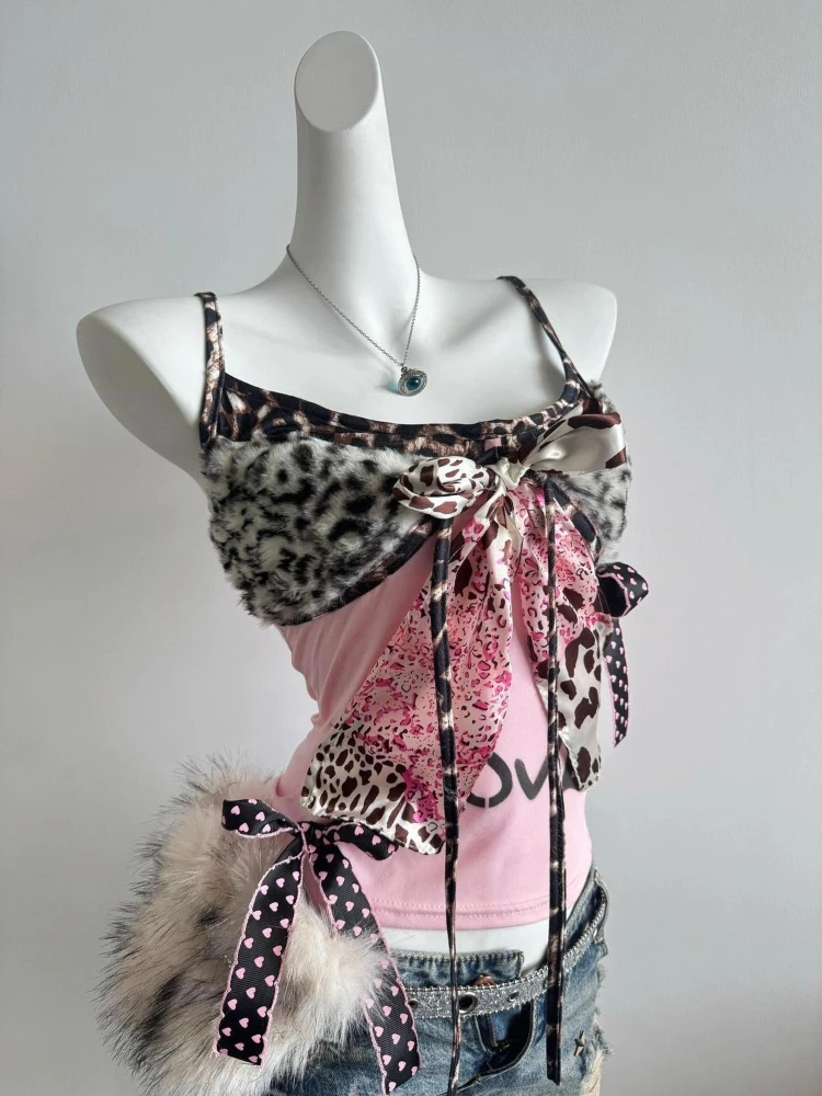 Estetico Vintage Rosa Stampa Leopardo Sling Donna Estate Hot Girl Slim Bow Off Spalla Gilet Hepburn Y2k Polka Dot Canotta