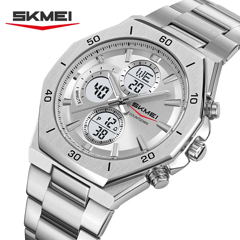 SKMEI 2561 Watch Stainless Steel Strap Digital Movement Multi - Functional EL Light 30M Waterproof Men's Silvery Gold Octagonal