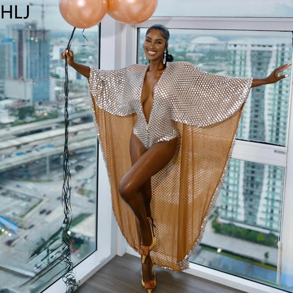 HLJ Women Metallic Foil Bodysuit 2 Piece Set Deep V Cape Sleeve One Piece Swimsuit with Matching Headscarf Resort Party Outfit
