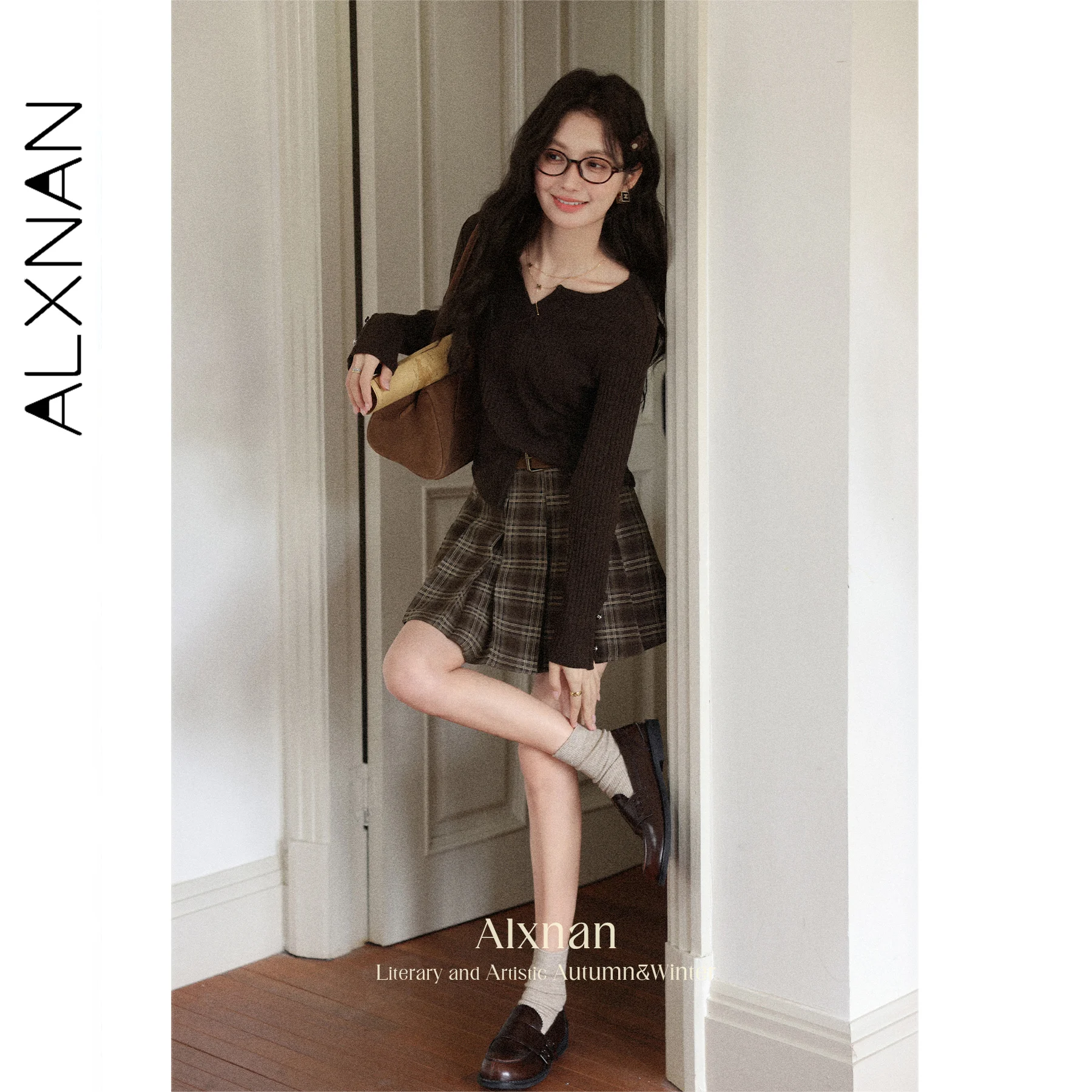 ALXNAN Plus Size Brown Pullover Women Long Sleeve V-neck Slit Sweater Cotton Slim-fit Elegant Casual Knitted Tops Female D12558