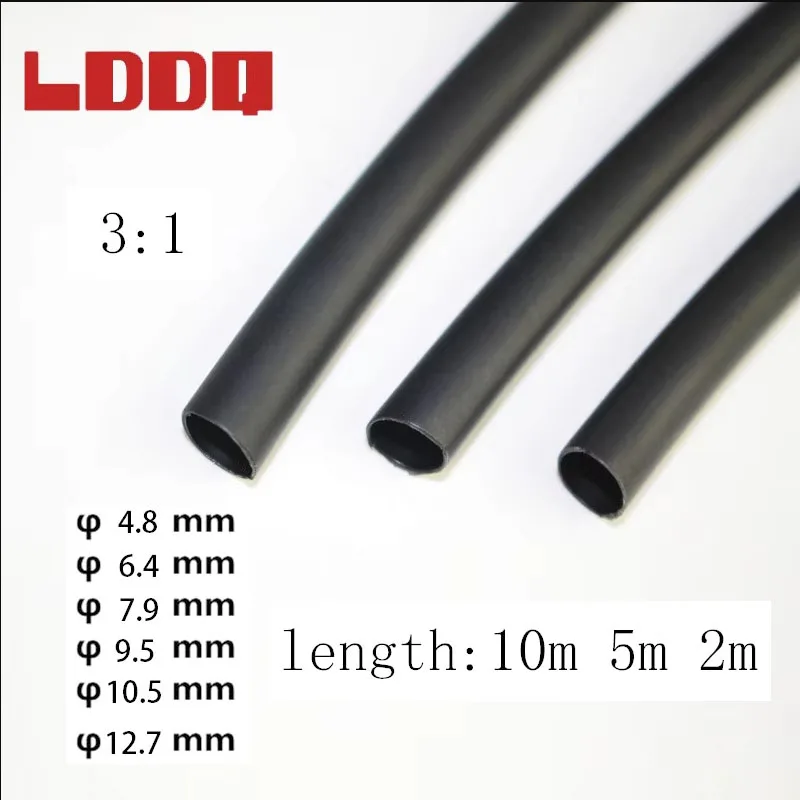 LDDQ 10/5/2m Black Heat Shrink Tube Adhesive Glue Lined Tubing Ratio 3:1 Waterproof Cable Sleeve 3.2/4.8/6.4/7.9/9.5/12.7mm