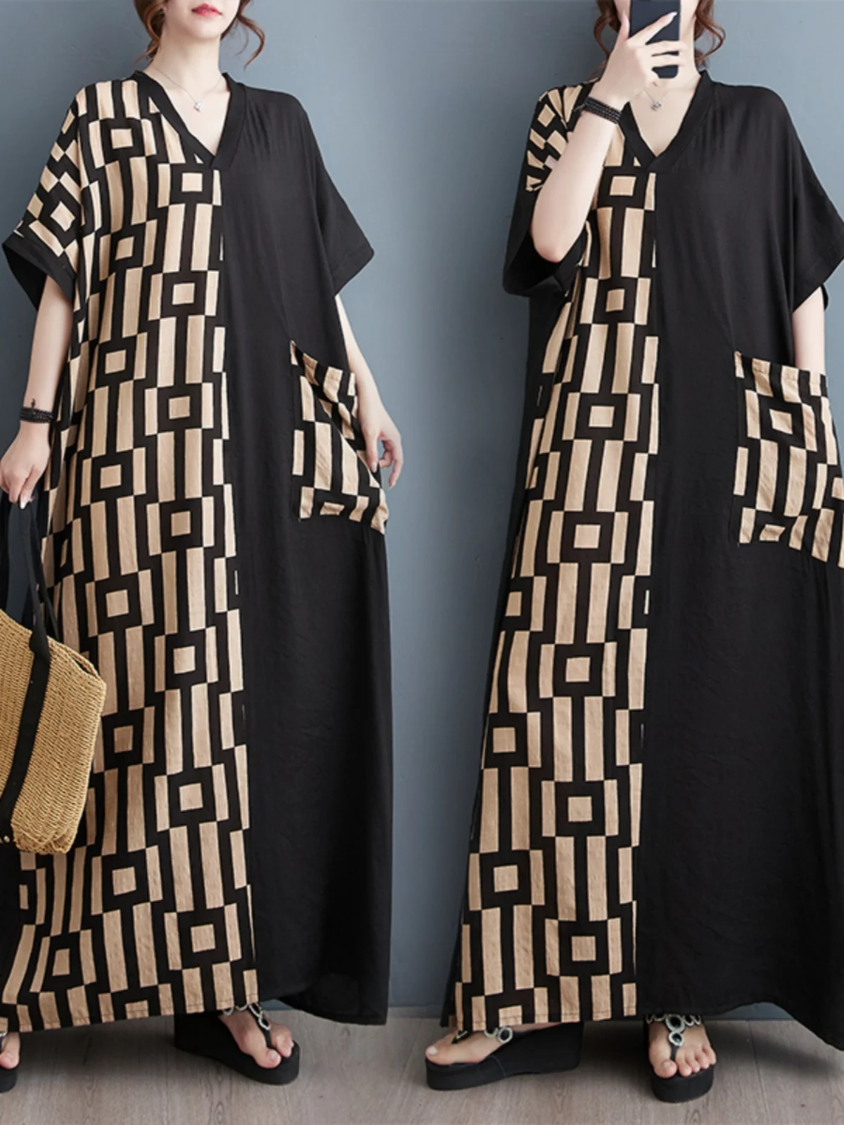 Été nouvelle grande taille minceur V-Ne ort Sve Patchwork longue coton lin Dr Bla jupe trapèze trajet Sle T-shirt...