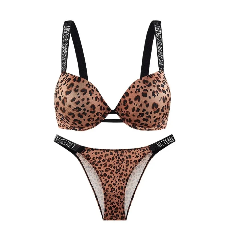 Leopard Print Sexy Bra and Thong Sets Women Comfy Seamless Brassiere Rhinestone Lace Bralette Gathering Chest Push Up Underwear