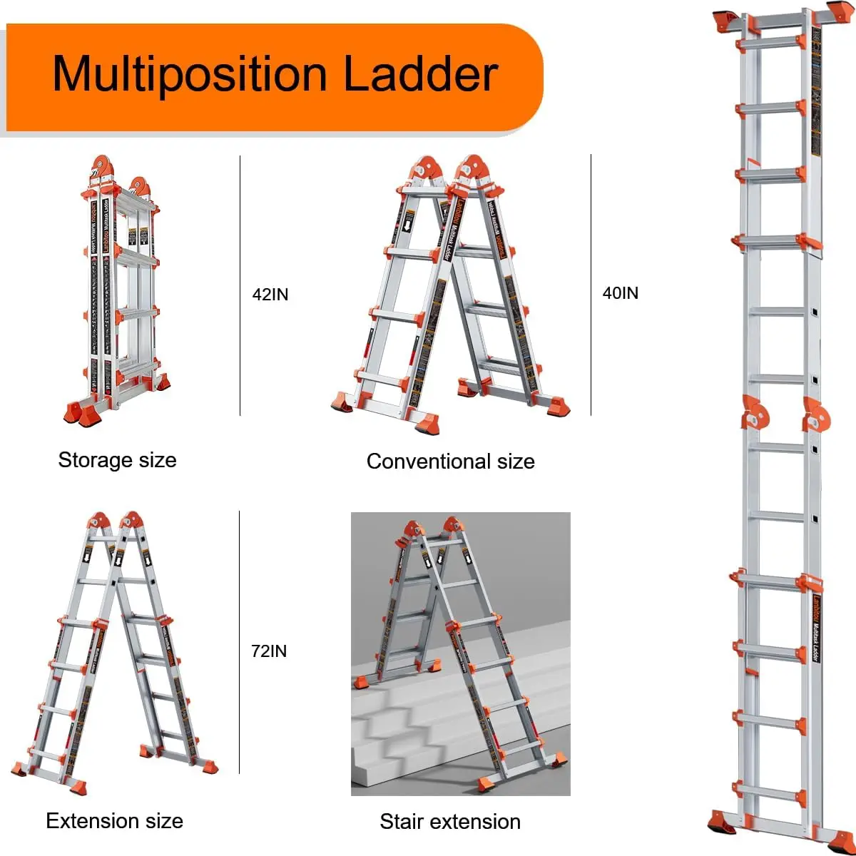 A Frame 4 Step Ladder Extension, 14 FT Anti-Slip Multi Position & Storage Folding , 330 lbs Security Load Telescoping Aluminum