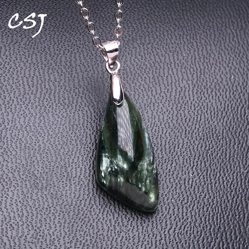 CSJ Elegant Natural Seraphinite Pendant Sterling 925 Silver Charoite 12*25mm Necklace for Women Birthday Party Jewelry Gift