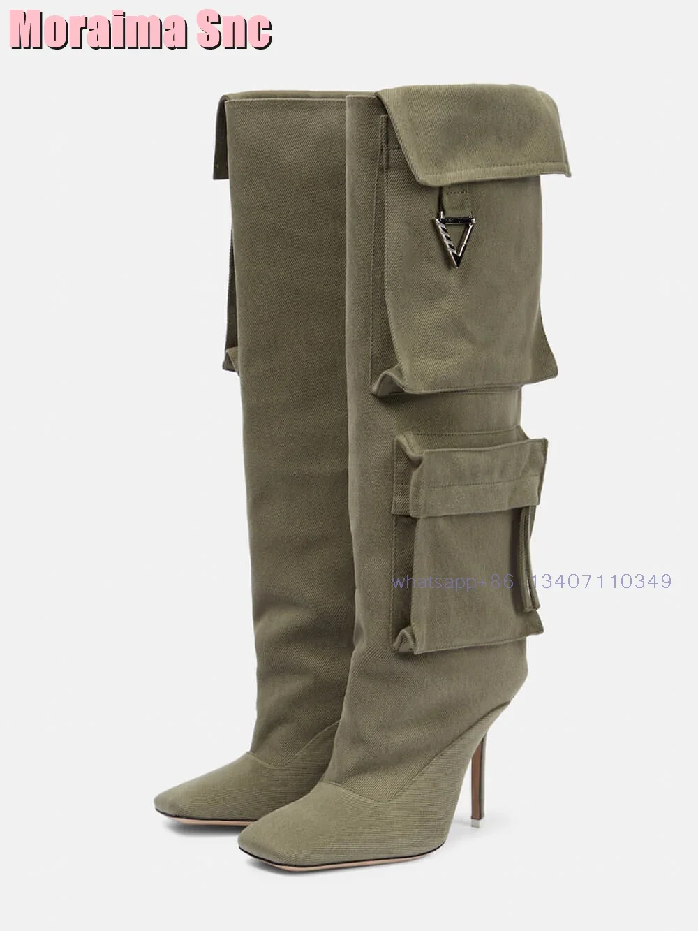 Denim Flap Pocket Embellished Knee-High Boots Square Toe Stiletto Heeled Sexy Fashion Women\'s Long Boots Slip On Autumn Winter