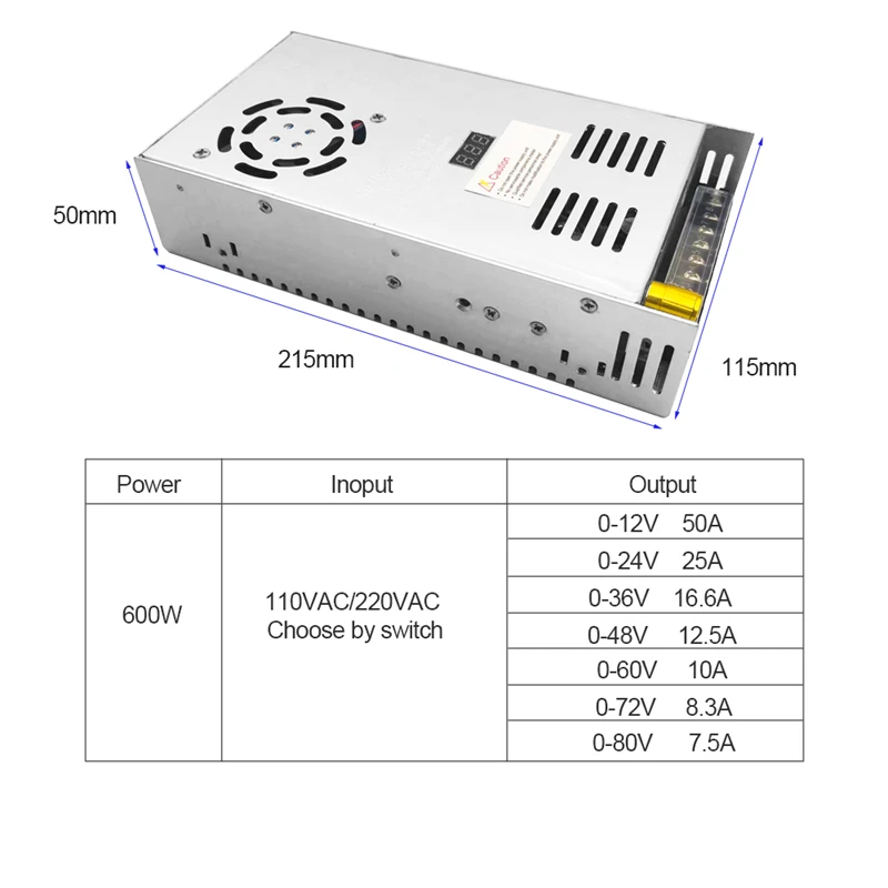 Imagem -06 - Fonte de Alimentação Comutada com Display Digital Led 600w Smps Tensão Ajustável Ac-dc 12v 50a 24v 25a 36v 16a 48v 125a 60v 10a 80v 75a