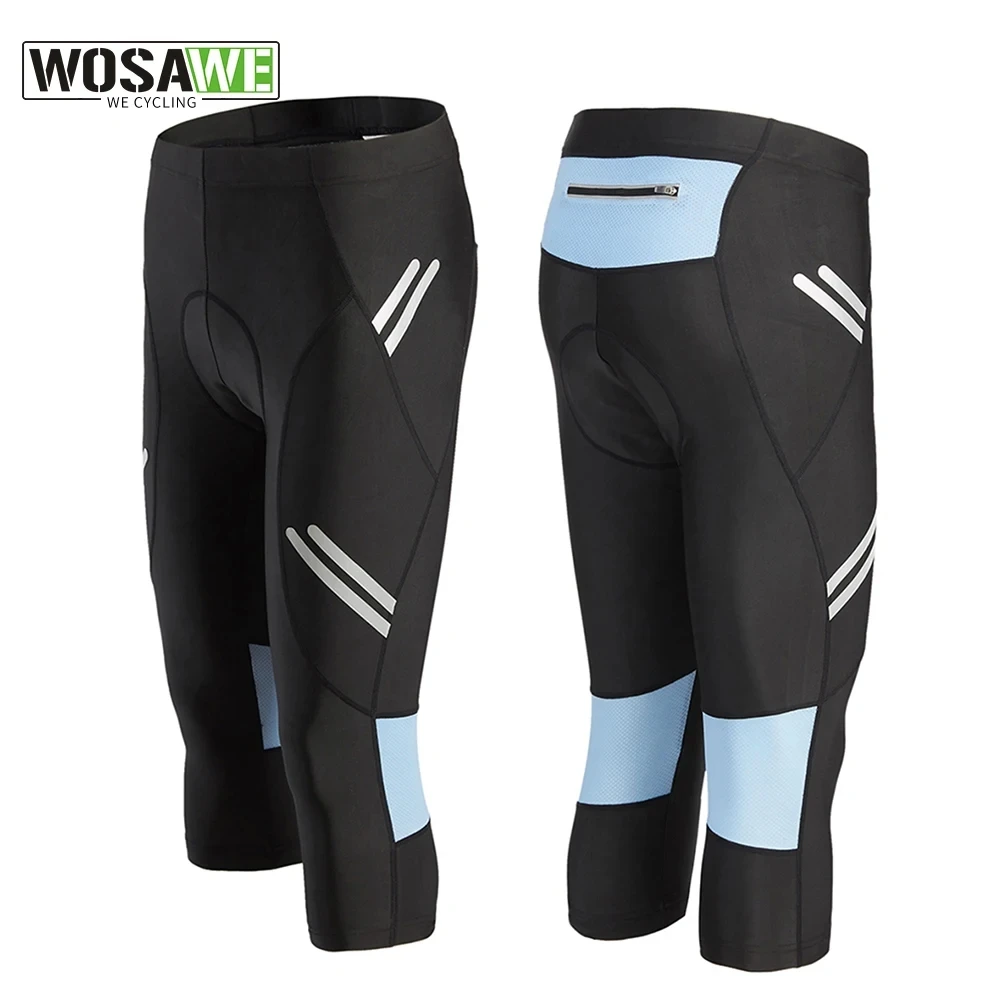 WOSAWE Reflective Men's Cycling Cropped Pants Calf-Length Mountain Bike Tights 3D Gel Padded Riding MTB Spinning Bicycle Shorts