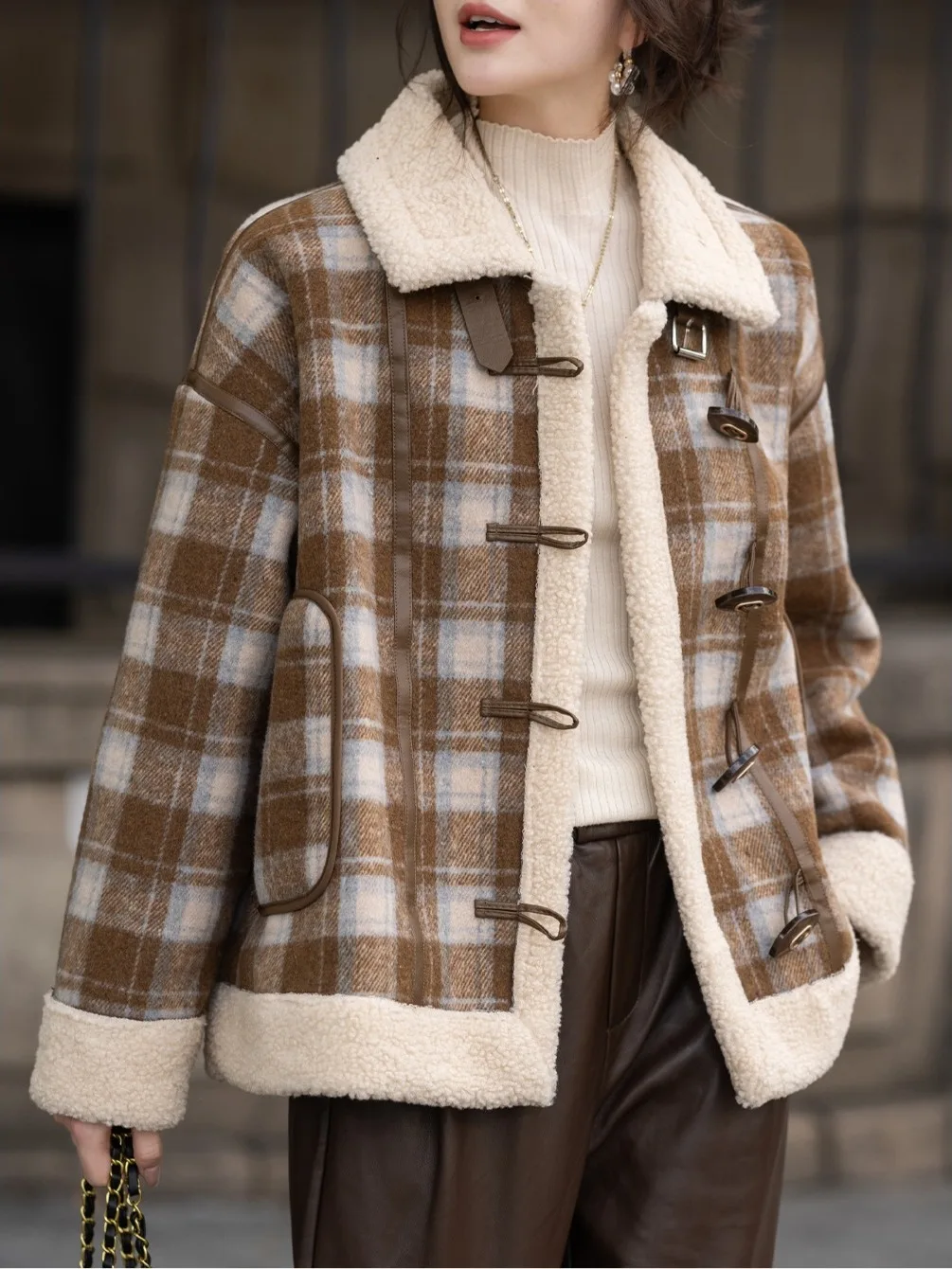 

Женское зимнее теплое свободное хлопковое пальто Thiened Plaid с мехом ягненка, корейская модная хлопковая одежда