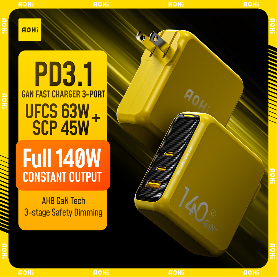  AOHI Magcube Pro 140W GaN Charger PD3.1 3-Port USB C Charger For Macbook Pro Laptop Fast Charger For iPhone 16 Xiaomi Tablet 