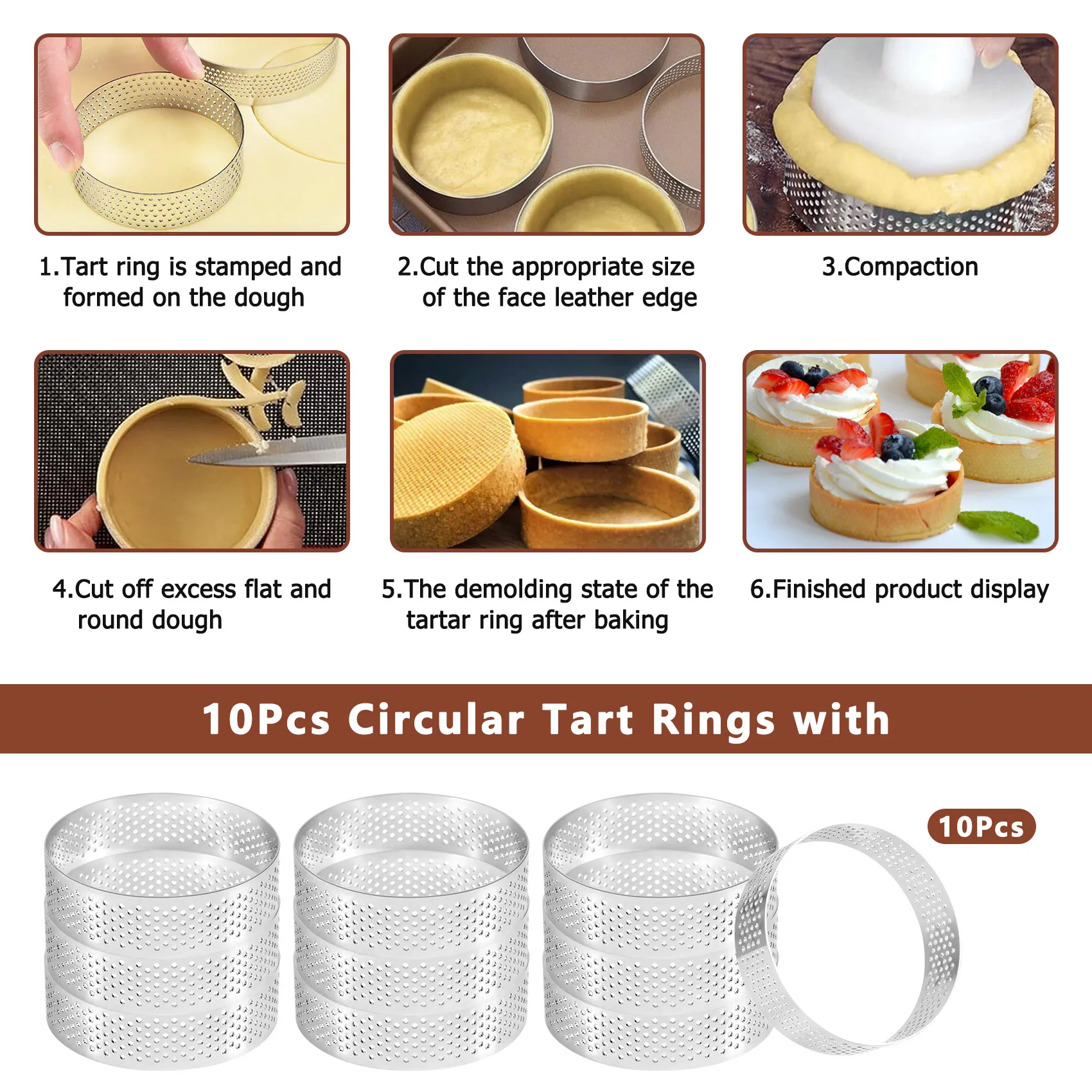 ABVS 10Pcs Circular Tart Rings with Holes Stainless Steel Fruit Pie Quiches Cake Mousse Mold Kitchen Baking Mould 7cm