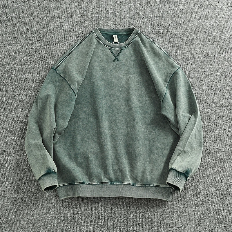 2025 Spring New American Retro Long Sleeve O-neck Heavyweight Knitted Sweatshirts Men\'s 100% Cotton Washed Old Casual Sportwear