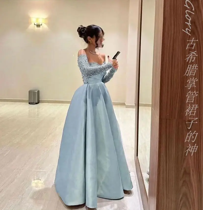 Blue Beadings Prom Dress Formal Occasion Dress Long Sleeves Sequins Off Shoulder Evening Dress Wedding Party Dress Custom Made