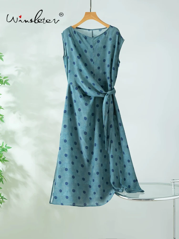 Winsleter - Vestido Elegante de Doble Crepé 100% Seda Real, Cuello Redondo con Estampado de Puntos, Vestidos de Fiesta Franceses para Mujer, Corte en A, Verano 2026 D67537CC