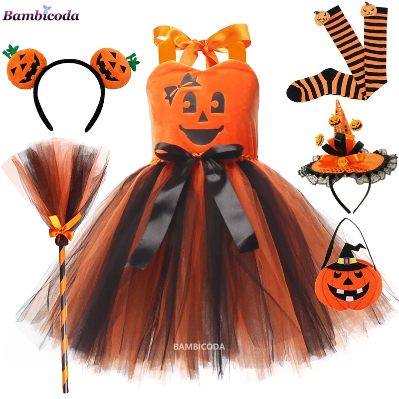 RT01 disfraz de bruja Cosplay de Halloween para niñas, Vestidos de carnaval de calabaza naranja, vestido elegante de bruja infantil, conjunto de ropa, sombrero * JK2