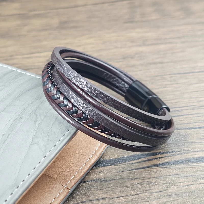 Vintage Men Leather Bracelet Brown Braided Multi-layer Stainless Steel Clasp Casual Wristband Jewelry Gift for Boyfriend