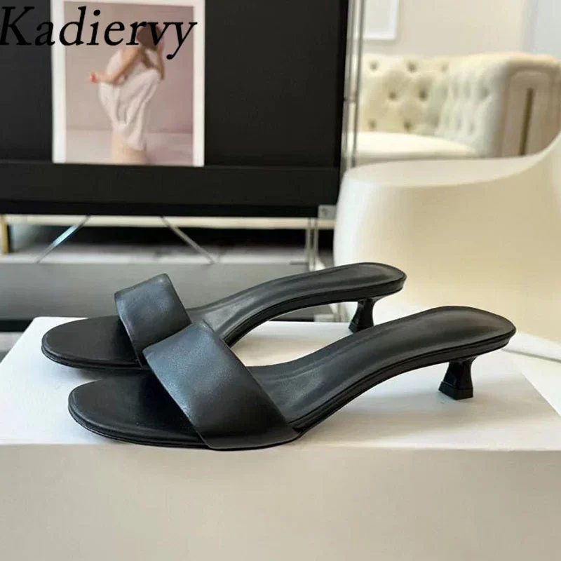 

New Kitten Heels Slippers Woman Genuine Leather One Strap Slides Summer Shoes Women Low Heels Runway Slippers Women