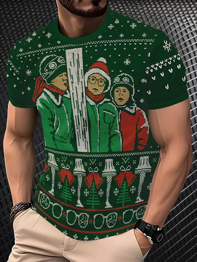 

Santa Claus And Elk Printed Men's T Shirt Merry Christmas Casual O-neck Loose Short Sleeve Tshirts Tops Men's X'mas Clothing