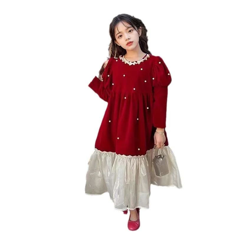 2025 autumn winter Europe retro Kids girl clothes red pearl splicing princess Dresses teenager Corduroy 4 5 6 8 9 10 11 12 year