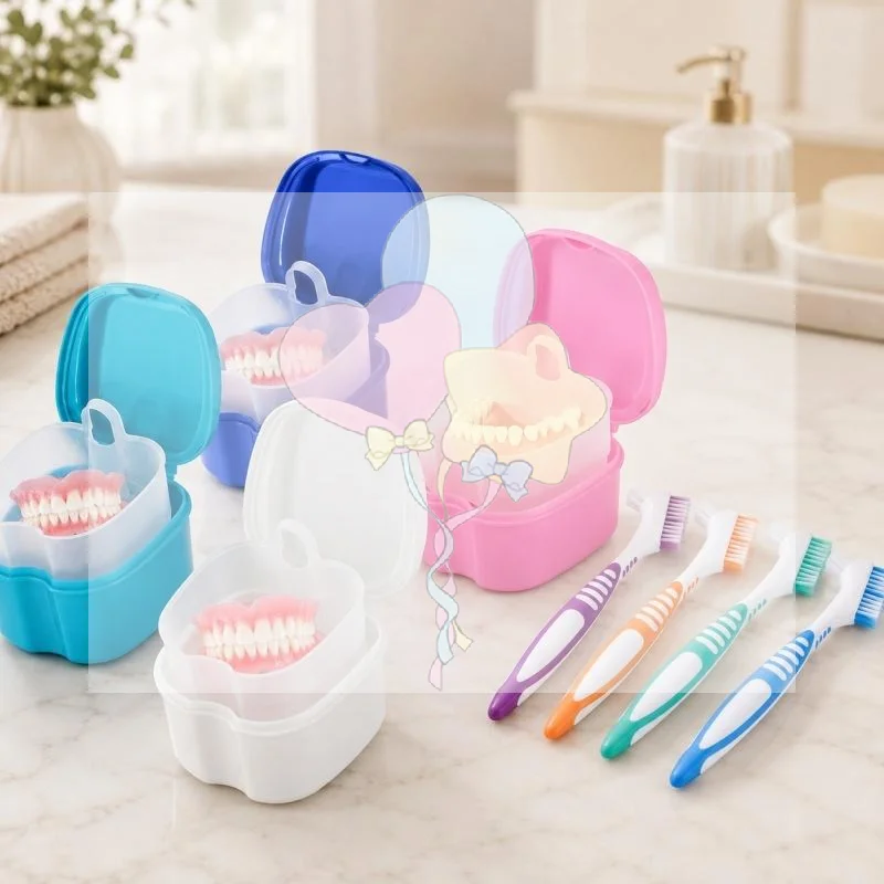 Travel Double Layer Denture Storage Box With Cleaning Brush Oral Care Container Non Slip Handle Denture Toothbrush