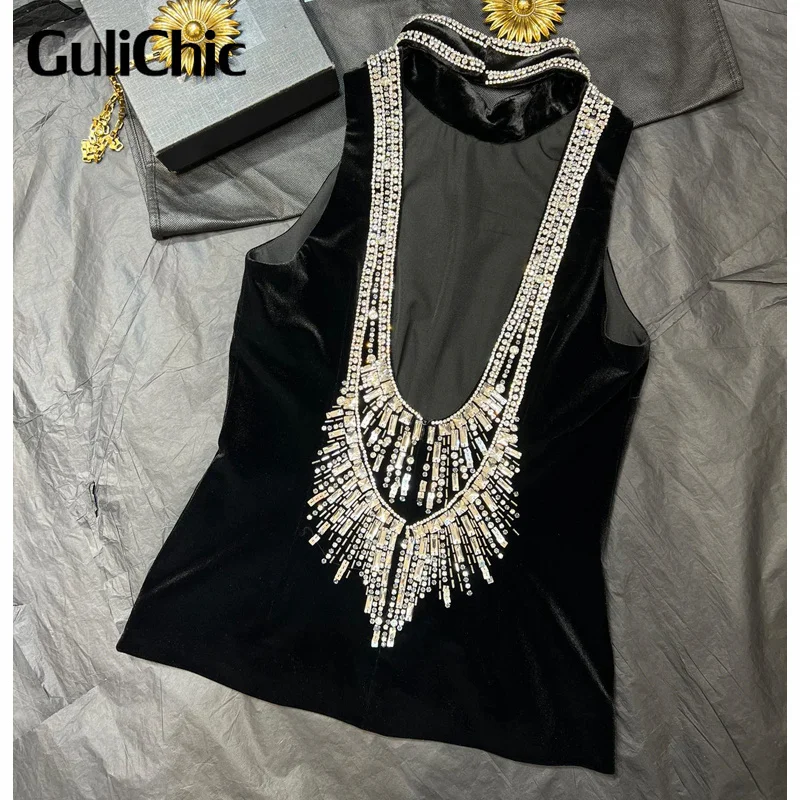 8.29 GuliChic Luxury High Quality Daimonds Hand Beading Sexy Backless Velvet Sleeveless Tank Top Women