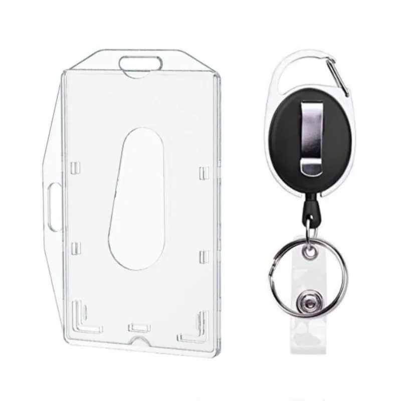 Horizontal Vertical Dual Use Card Holder Clear PC Hard Plastic ID Badge Holder with Thumb Push Hole Badge Reel Keychain